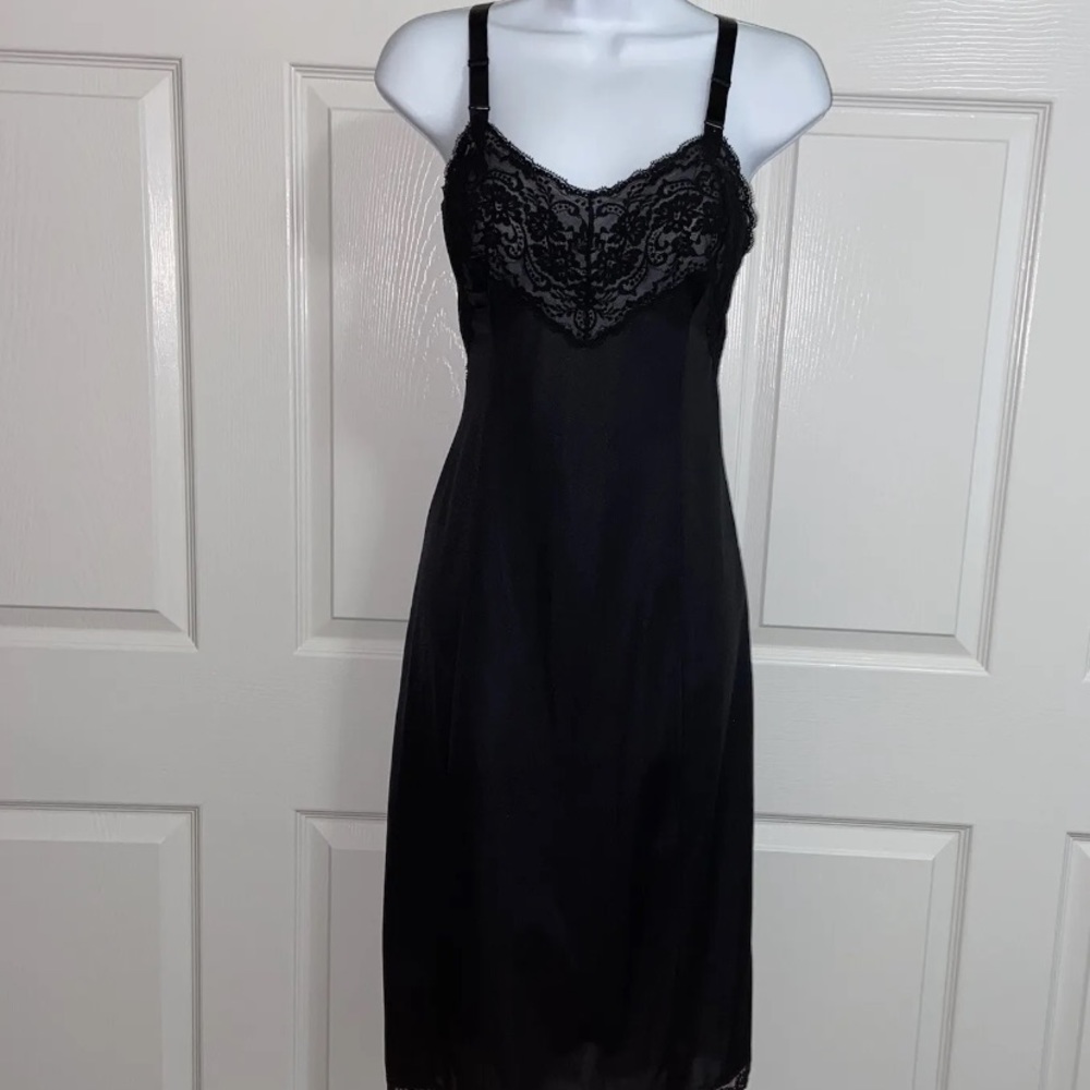 Vtg 60’s Wonder Maid Slip Black Non Cling Nylon Floral Lace Bodice Size 36
